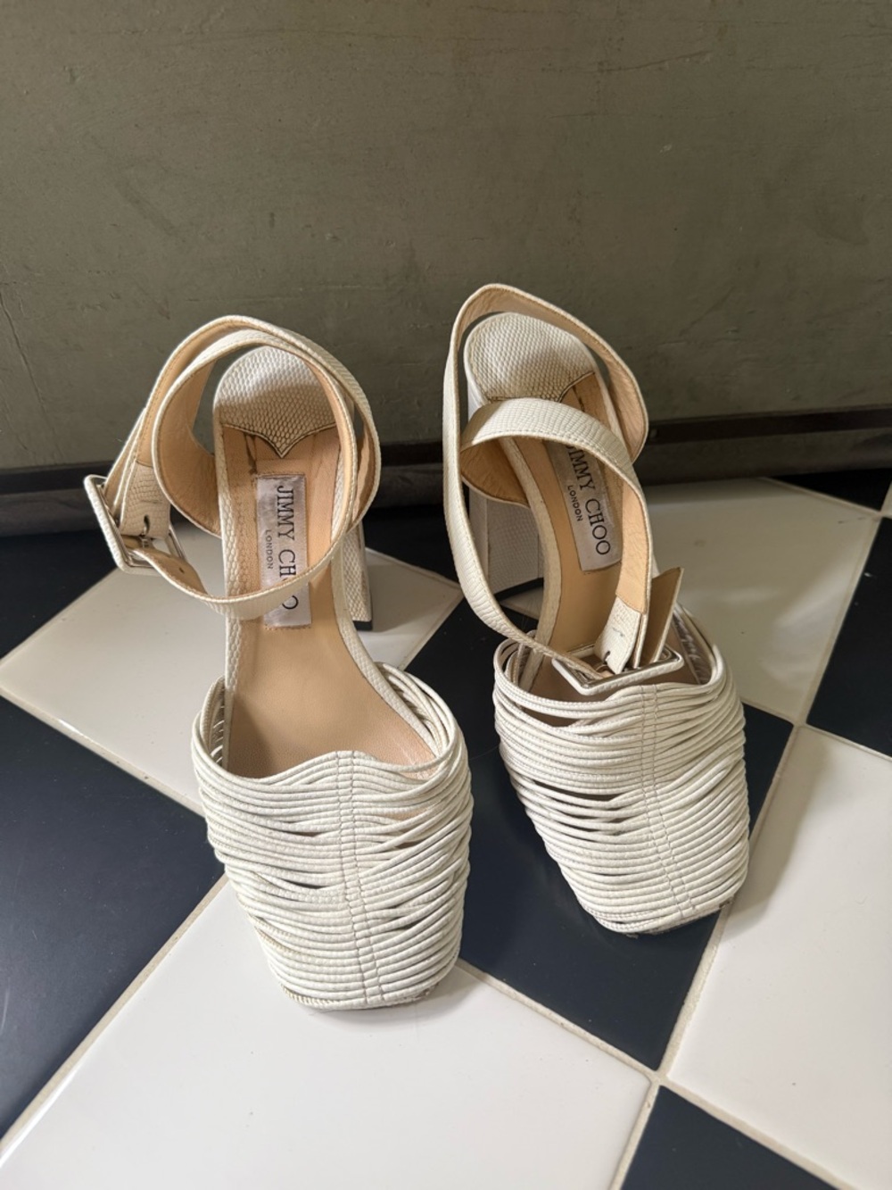 Jimmy Choo Cream Woven Ankle-Strap Platform Heels